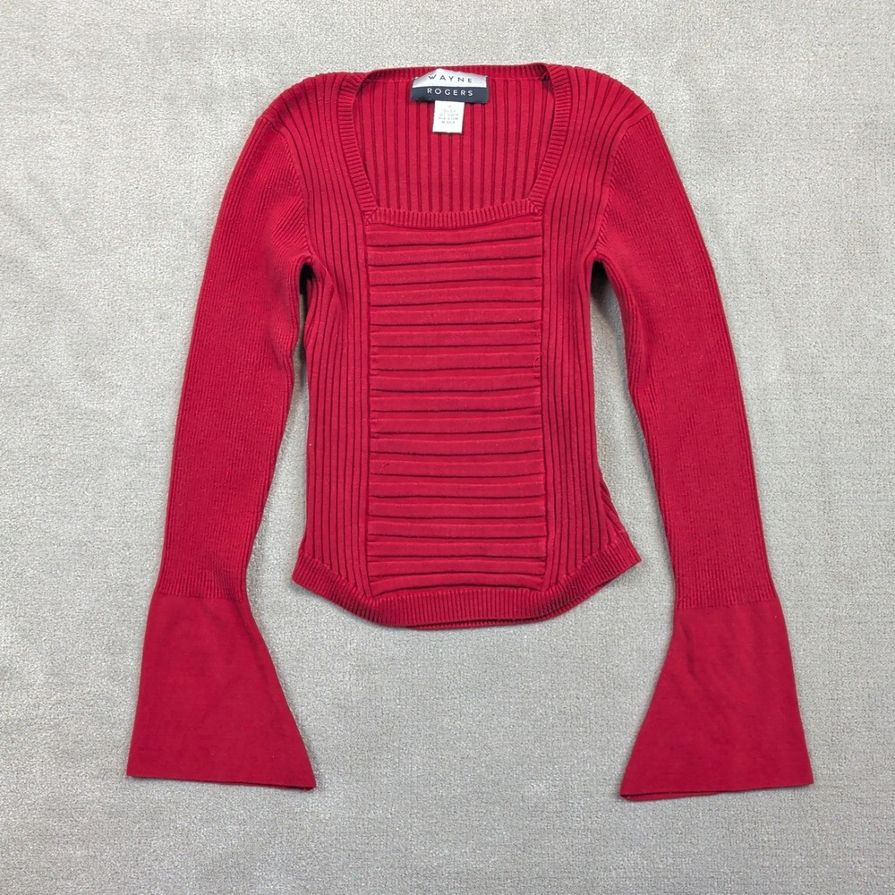 Wayne Rogers Sweater Womens Medium Red Silk Blend Bell Sleeve Ribbed Square Neck